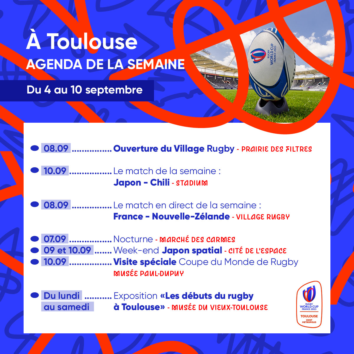 📅 La Coupe du Monde de Rugby 2023 commence vendredi ! Découvrez sans plus attendre l'agenda des sorties de la semaine à Toulouse Détails 🔗 bit.ly/3LavSiW #RWC2023