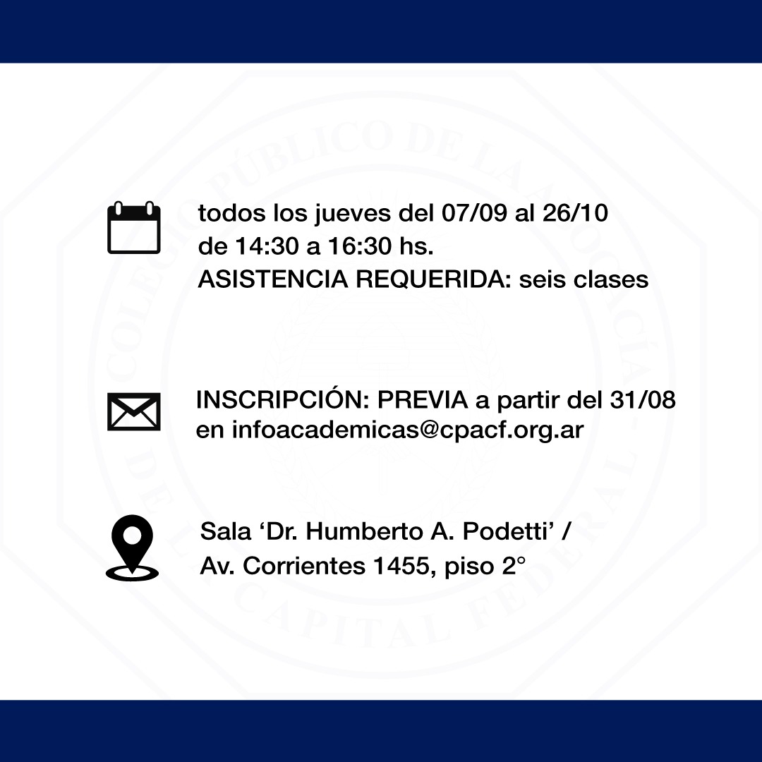 CURSO DE PROCEDIMIENTO LABORAL EN EL CPACF. Todos los jueves de septiembre y octubre 2023. Inscripciones a infoacademicas@cpacf.org.ar. Primera clase el Jueves 07/09/2023
Director Académico: Dr. Nahuel Altieri.  Coordinadores: Dres. Diego Calvo Suarez y Valeria Biagioni Parrella.