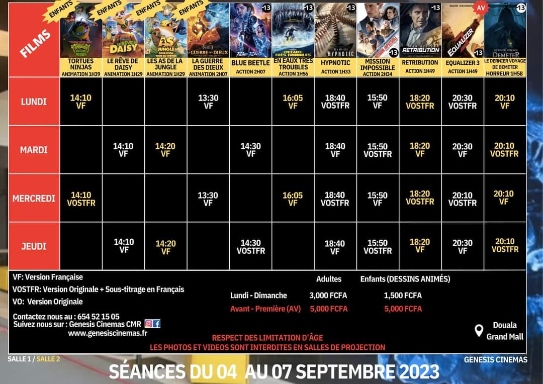 Ledawa's tweet photo. PROGRAMME CINÉMA DE LA SEMAINE
#CANALOLYMPIABESSENGUE
#CANALOLYMPIAYAOUNDE1
#CINEMAEDEN
#GENESISCINEMAS
#DOPE #DCLP #YCLM
#DOUALACESTLAPUISSANCE
#YAOUNDECESTLAMAGIE https://t.co/53mcbsTu7a
