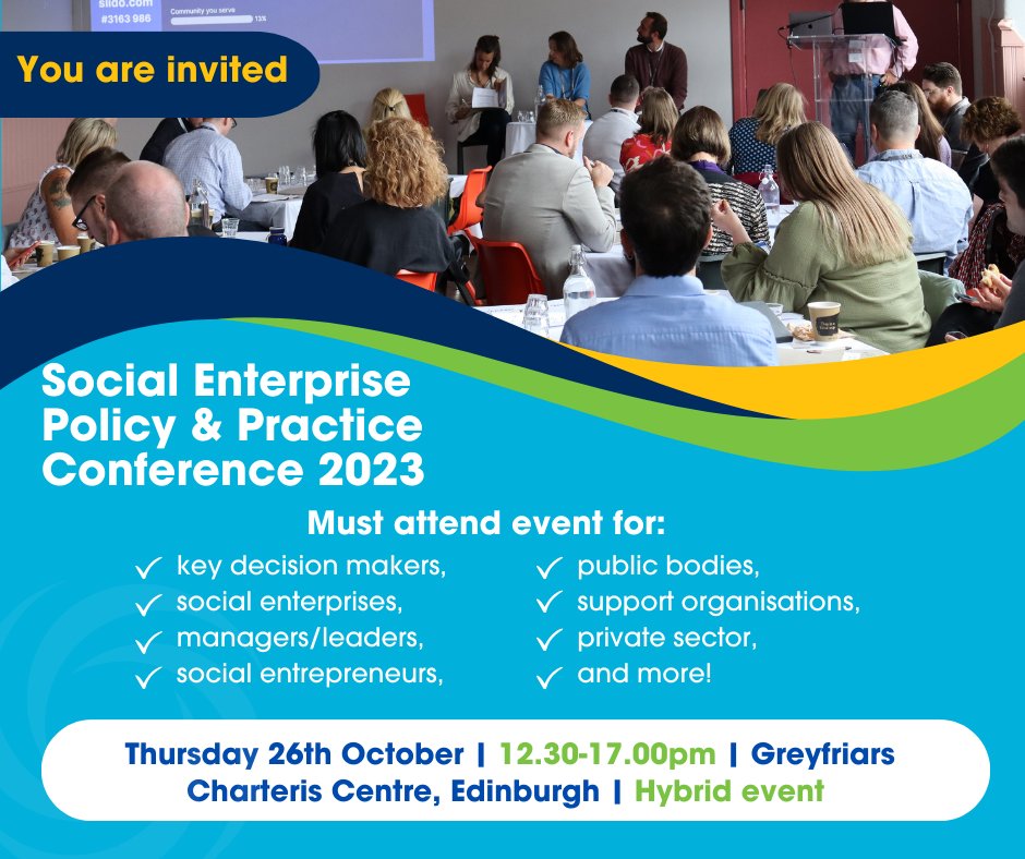 Who should attend the Social Enterprise Policy & Practice Conference 2023? All are welcome. Come and connect, contribute and collaborate. 📅 Thurs 26 Oct ⏰ 12:30-17:00 📍 @CharterisCentre & online Book your place today at eventora.com/en/Events/se-c…