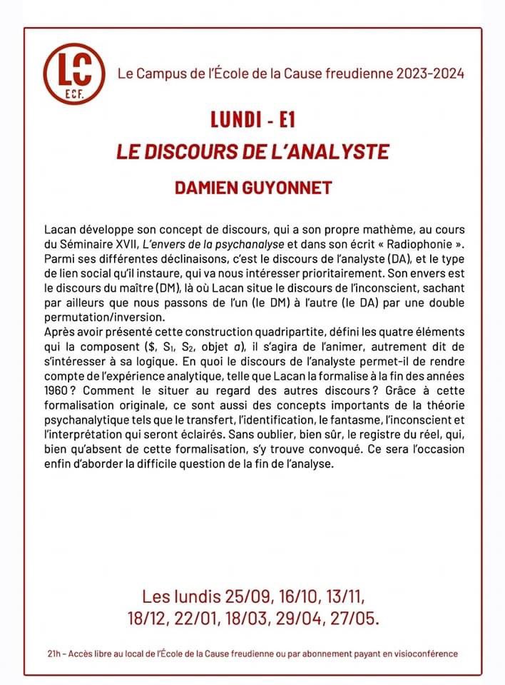 guidelacanienGP's tweet photo. ⭕️ Le Campus de l'ECF :  LE  DISCOURS  DE L'ANALYSTE - L'ARGUMENT DE DAMIEN GUYONNET

👇🏼👇🏼👇🏼 https://t.co/PBK8gTAZHv https://t.co/KTZlLxtplI