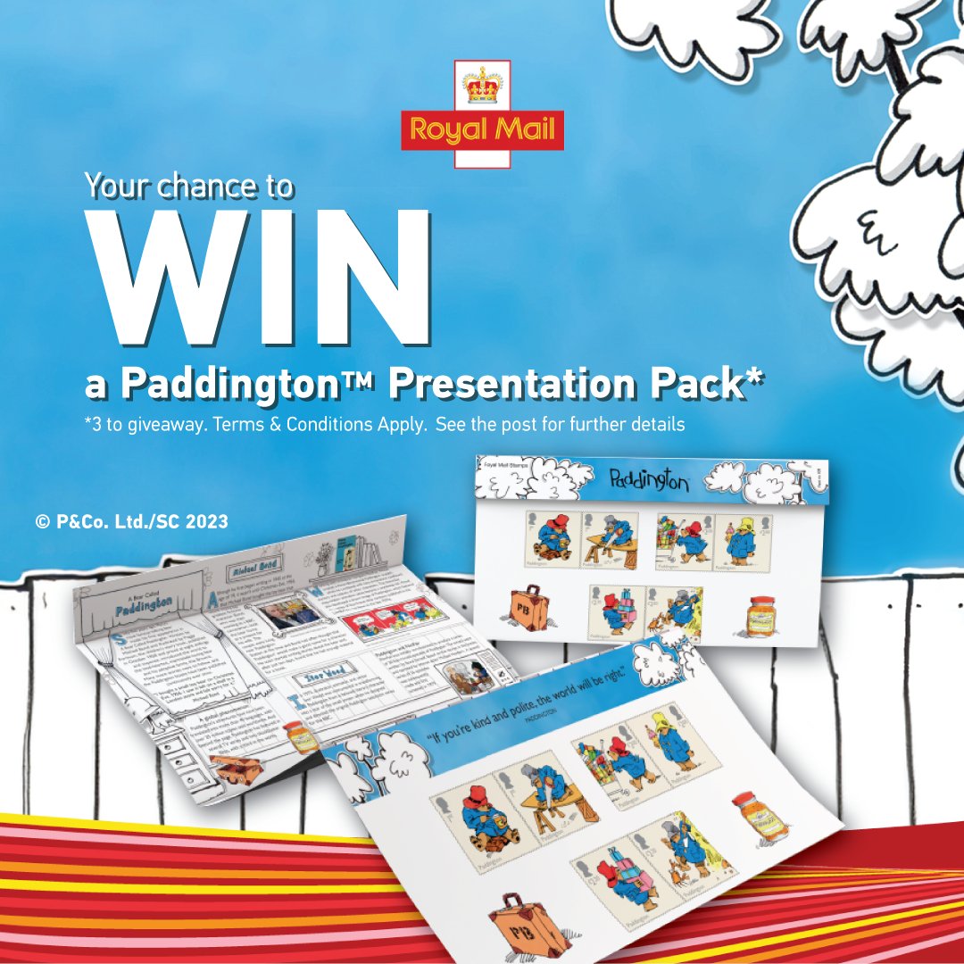 RoyalMailStamps's tweet image. Here's your chance to win a Paddington Presentation Pack (3 to give away). 

Q. Which country is Paddington from?

To enter, like this tweet + RT + reply below with the correct answer by 11:59pm on 10/09/2023

18+ UK only. Ts &amp;amp; Cs: royalmail.com/d8/socialmedia…