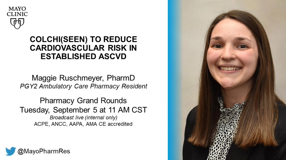 In today's Pharmacy Grand Rounds, @MayoPharmRes Maggie Ruschmeyer reviews colchicine’s role in cardiovascular risk reduction in established ASCVD. @MayoClinicCV #TwitteRx Subscribe to our PGR Podcast at mayocl.in/3Eray4N