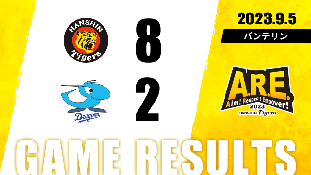 中日 2 - 8 阪神
[勝] 西勇6勝5敗0S

score.hanshintigers.jp/game/score/tab…

#阪神タイガース #ARE