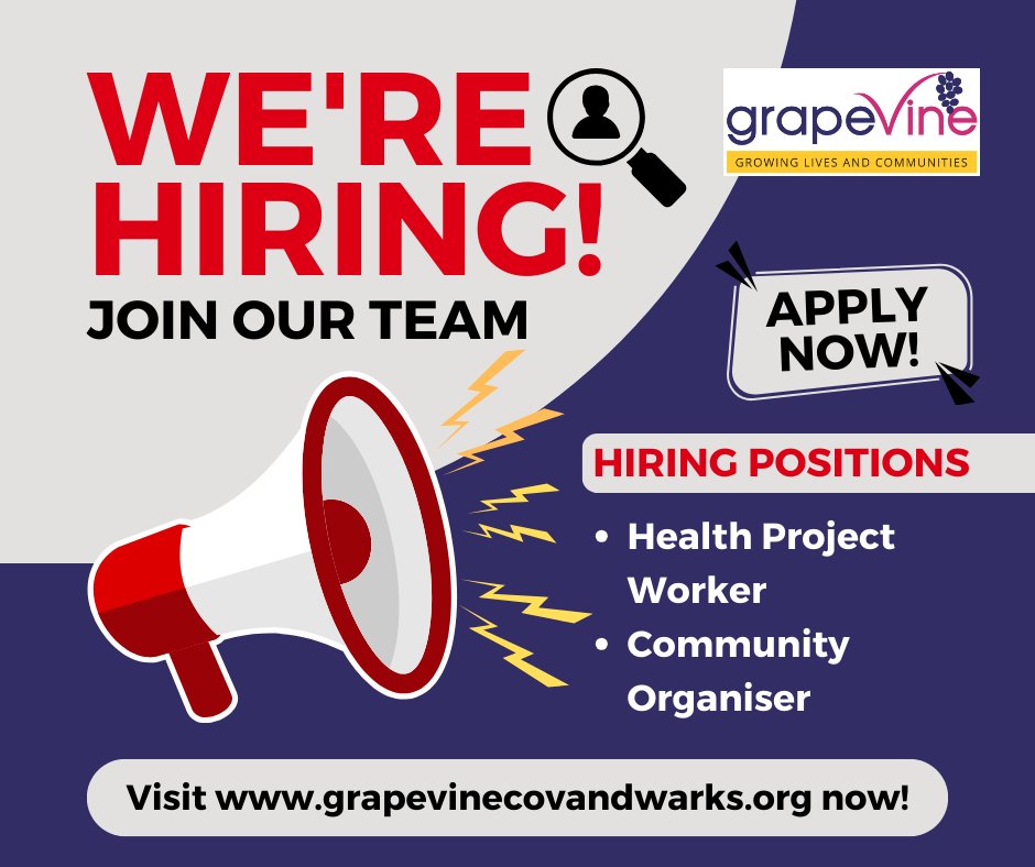 Two new great #jobs at #WeAreGrapevine 📢 Part-time #Coventry Health Project Worker and full-time #Warwickshire Community Organiser. Joining a team with a strong culture of helping people uncover their potential. Find out more! bit.ly/WorkatGrapevine #InternationalDayOfCharity