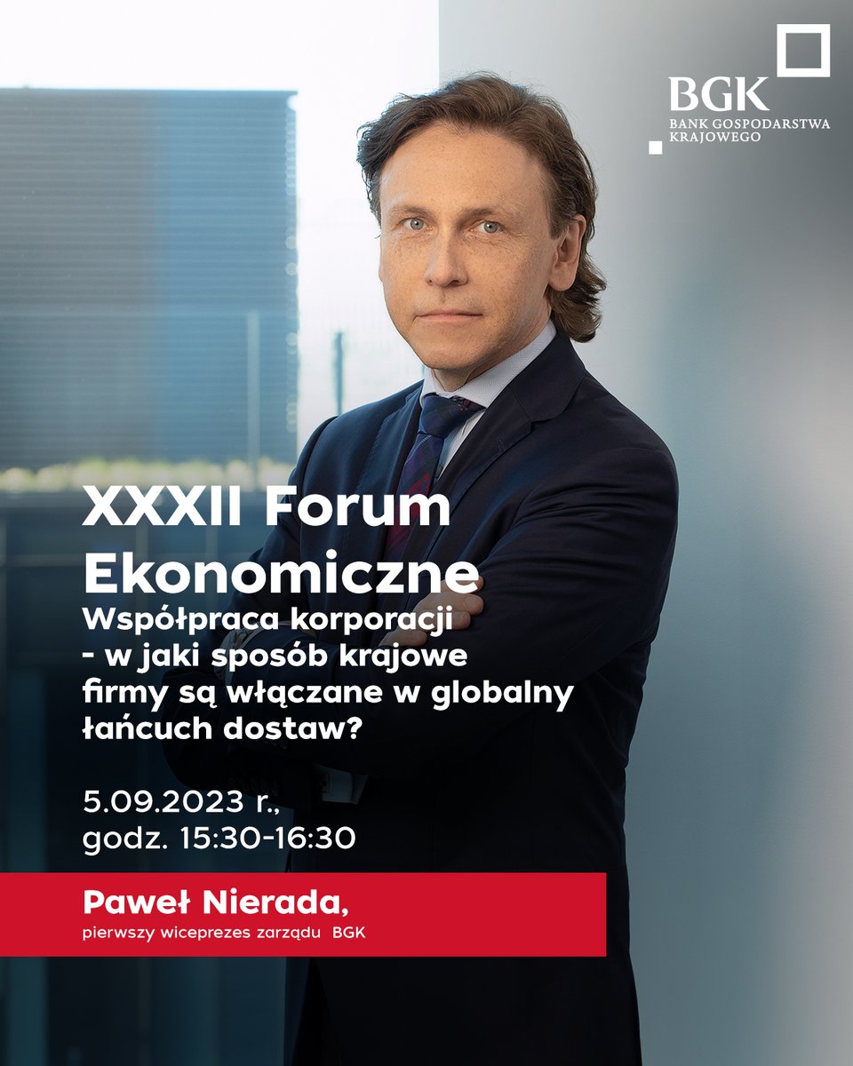 Bank Gospodarstwa Krajowego 🇵🇱 (@bgk_pl) on Twitter photo Już za chwilę, na <a href="/Economic_Forum_/">Forum Ekonomiczne</a> panel „Współpraca korporacji - w jaki sposób krajowe firmy są włączane w globalny łańcuch dostaw?" z udziałem <a href="/PawelNierada/">Paweł Nierada</a>, pierwszego wiceprezesa zarządu #BGK.
#Karpacz #ForumEkonomiczne #Forum2023 Już za chwilę, na <a href="/Economic_Forum_/">Forum Ekonomiczne</a> panel „Współpraca korporacji - w jaki sposób krajowe firmy są włączane w globalny łańcuch dostaw?" z udziałem <a href="/PawelNierada/">Paweł Nierada</a>, pierwszego wiceprezesa zarządu #BGK.
#Karpacz #ForumEkonomiczne #Forum2023