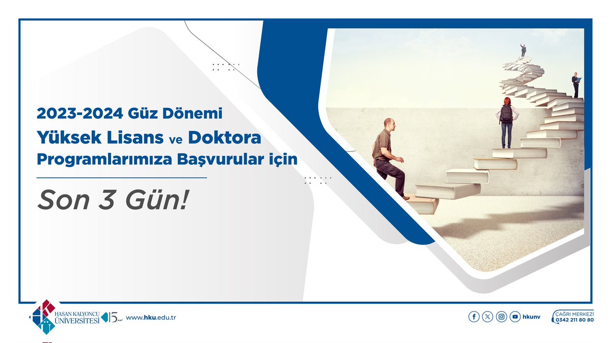 📢 Yüksek Lisans ve Doktora Programlarımıza Başvurular için Son 3 Gün !

2023-2024 Güz Dönemi "Yüksek Lisans ve Doktora Programları" için başvurular devam ediyor.

Başvuru ve detaylı bilgi için: ⏬👇⏬

enstitu.hku.edu.tr/ilanlar/2023-2…

#hkunv #hkü #HasanKalyoncuÜniversitesi #yükseklisans