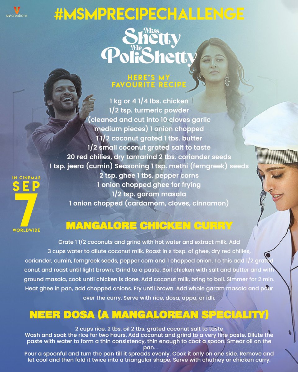 Portraying a chef in #MissShettyMrPolishetty has been a lot of fun… Today, I would like to share my favorite recipe with all of you and kickstart the #MSMPRecipeChallenge..

I would love to initiate the challenge with none other than #Prabhas, who as we all know, loves food and