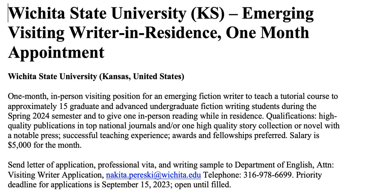 Writers, please either apply or share the details of our search for a Visiting Fiction Writer. The selected candidate will teach with us at WSU for one month in Spring 2024: