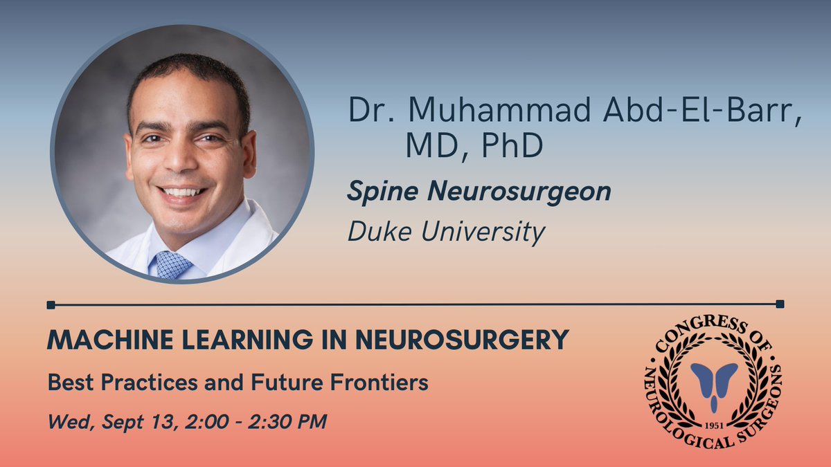 Andreas Seas (@andreasseas) on Twitter photo Curious how machine learning can help triage patients with low back pain? Come to #2023CNS to hear about work by <a href="/abdelbarrspine/">Muhammad Abd-El-Barr MD PhD FAANS</a> <a href="/Dukeneurosurg/">Duke Neurosurgery</a>, and participate in hands-on coding!
<a href="/CNS_Update/">CNS</a> <a href="/MartinaStippler/">Martina Stippler</a> @lola_chambless @eladlevymd <a href="/DamirezFossett/">Damirez Fossett</a> <a href="/GarniBDarian/">Garni Barkhoudarian, MD</a> <a href="/duke_nsig/">Duke SOM Neurosurgery Interest Group</a> Curious how machine learning can help triage patients with low back pain? Come to #2023CNS to hear about work by <a href="/abdelbarrspine/">Muhammad Abd-El-Barr MD PhD FAANS</a> <a href="/Dukeneurosurg/">Duke Neurosurgery</a>, and participate in hands-on coding!
<a href="/CNS_Update/">CNS</a> <a href="/MartinaStippler/">Martina Stippler</a> @lola_chambless @eladlevymd <a href="/DamirezFossett/">Damirez Fossett</a> <a href="/GarniBDarian/">Garni Barkhoudarian, MD</a> <a href="/duke_nsig/">Duke SOM Neurosurgery Interest Group</a>