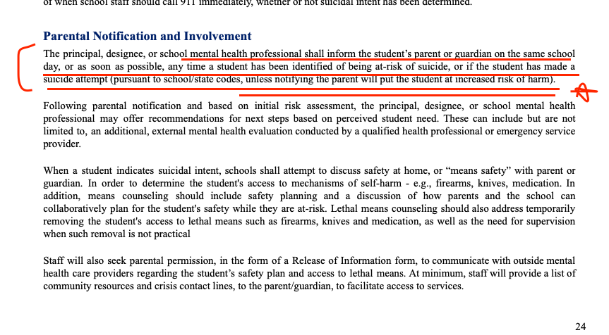 ALegalProcess's tweet photo. 📢Part IV. Public Schools | Unregulated Mental Health Service Providers (dba "certified counselors/social workers"):
In this Part IV, I'll highlight some problematic assumptions behind the new ADE guidance to expand mental health programs in schools, assumptions that potentially affect parents' right and ability to determine major health decisions of their child.

Parts I-III  here:
https://t.co/1NYSnj5tVD

4/ Despite the hype, suicide is not a leading cause of death of children in AZ - and its not even close.

>While the guidance states mental health programs are tied to increased academic achievement, it presents no data to establish that claim. It's more presumed true than demonstrated.

>A word search shows that, while the word "academic" appears 7x on 6 pages of the 34 page document, the word "suicide" appears  a whopping 138x on 15 pages - from which one can reasonably deduce that, for the authors, suicide prevention - not academic achievement - is one of the key benefits behind the program.

> Read that again. The word "academic" is used 7 times. The word "suicide" is used 138 times. In an ADE publication designed to promote and and expand  the use of state medicaid funding to finance more mental health professionals in schools.

>And the fact is that in AZ there is no child suicide crisis. Child suicide is difficult to discuss - it's so gut-wrenchingly horrible to contemplate, we'd prefer not to. But the facts are the facts. And if you using child suicide numbers to advocate a new major program that seeks to divert public school focus and resources away from academic achievement, C19 learning loss, and better career/college preparedness - you better have the facts to support it.

And they don't.

The ADE guidance cites AHS data (but not an actual study) that in 2019 suicide was the 5th leading cause of death in AZ. The most reliable data, however, is from the non-partisan, statutorily-created Child Fatality Review Program that annually compiles the data in AZ. 

>The CFRP report for 2019 found that, out of 777 total deaths in ages 1-17, cancer (54 cases), not child suicide (38 cases), was the 5th largest cause of death, behind natural causes, accidents, and even homicides. 38 out of 777. Statewide. 38. And 29% of those involved substance abuse.

>In 2021, out of 863 total deaths, 44 child suicides. And 32% of those involved substance abuse.

>I've written before on how suicide data may be hyped, found here:
https://t.co/POROfn06Xo
and here:
https://t.co/7i1TJJbW7q

> You can draw your own conclusions about the veracity of the ADE's claims - and their motivations for doing so. But also consider this:

>With the exception of a very brief mention that FERPA requires mandatory parental consent to disclose health information to an outside third-party, the guidance really dances around the issue of parental notification and consent - involving sexualized identity / gender ideology claims.
On one hand, the guidance acknowledges the need for parental notification of a child identified at-risk and involvement - and specifies they should be notified on the same day with this caveat:
"unless notifying the parent will put the student at increased risk of harm."  

And what constitutes "increased risk of harm" that justifies NOT notifying a parent of a child at series risk of suicide?⬇️

You guessed it - when a mental health worker determines that parents are not acting in the best interest of the child by not endorsing a gender identity.

There you go. That's it. Right there. 🎯

Now, you can judge for yourself - what's really motivating this push for more mental health professionals in school all across the country, right now, in this environment, post-covid, when all the indicators show students are waaaay behind in reading, math, and science, all the core academic outcome measures?

End of Part IV. In my final post in the series, I'll look at the proposed model school board polices drafted by ASBA and endorsed by ADE to obtain the statutorily required opt-in (not opt-OUT) of parents to receive referrals to a Medicaid funded mental health agency.