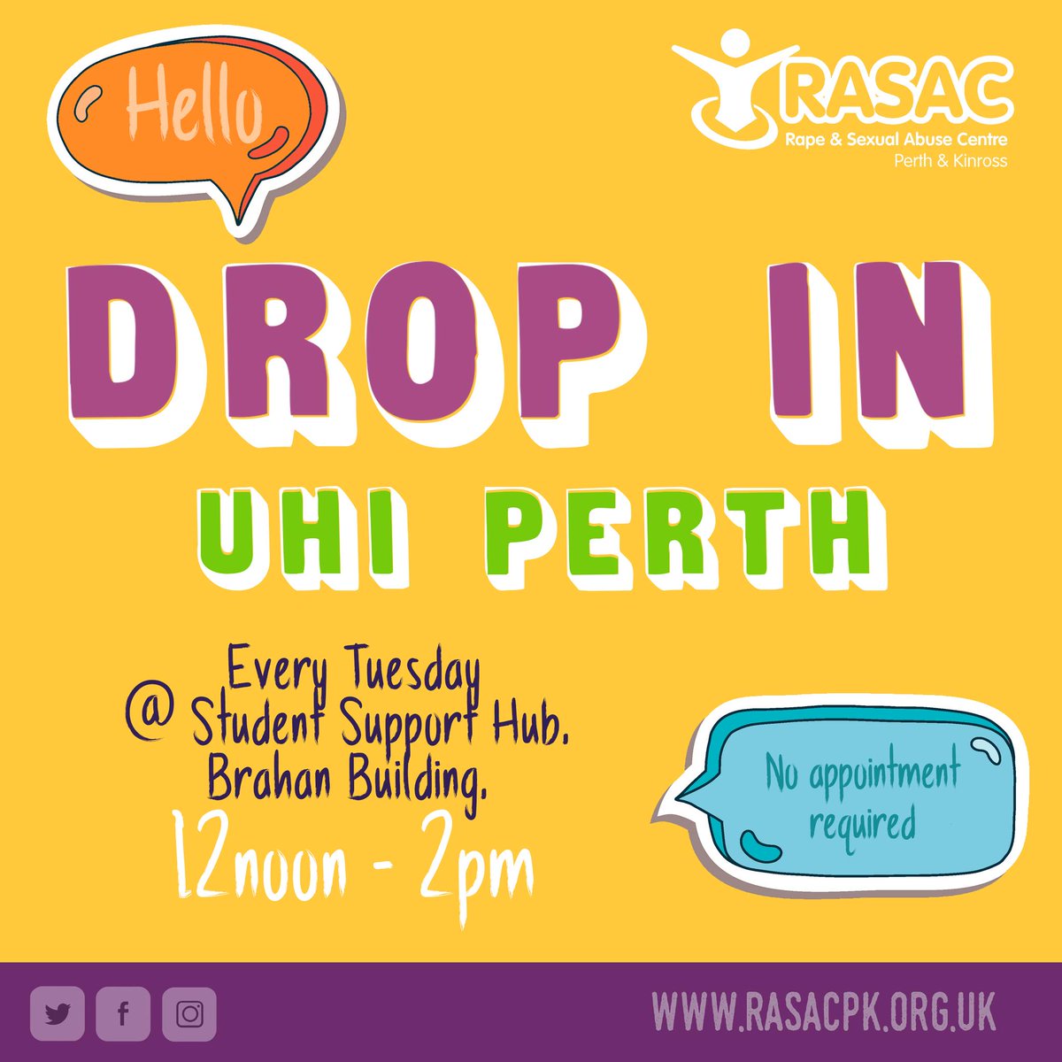.@rasacpk are back with their weekly Drop Ins at UHI Perth 👇 📅Every Tuesday 📍Student Support Hub, Brahan Building, UHI Perth⏰12noon - 2pm 💜No Appointment required 💜Find out what they do 💜Meet a Support Worker We #ListenBelieveSupport #ibelieveyou #itsnotok #consent