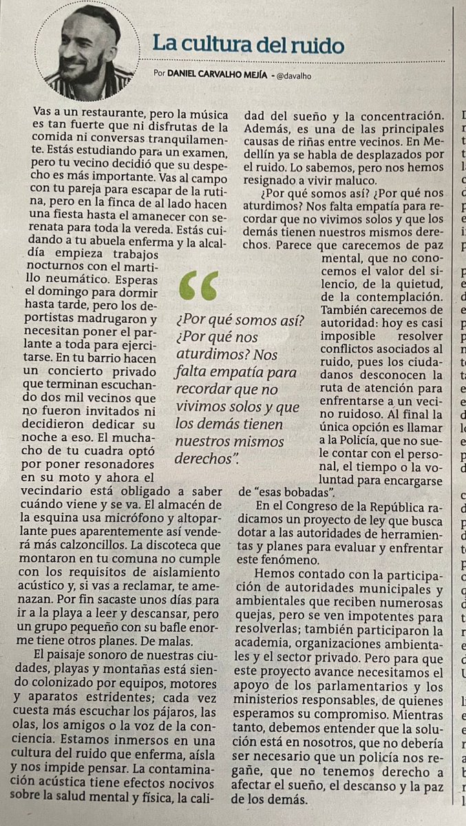davalho's tweet photo. ¿Podemos decir que en Colombia vivimos una ‘cultura del ruido’?

¿De dónde vendrán esta necesidad y esta costumbre de hacer bulla exagerada por cualquier motivo?

¿Es una forma de escapar de la realidad o de aturdirnos para no pensar?

https://t.co/7bfeaDjHfr https://t.co/4QLnJnb094