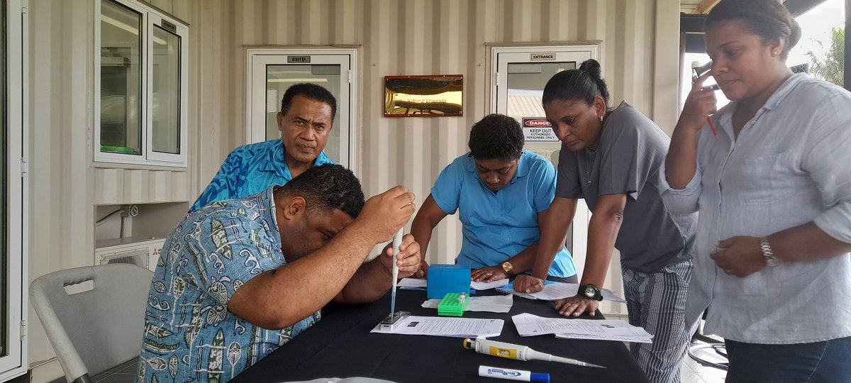 EmmaBeansworth's tweet photo. Yesterday we said sota tale to our Fijian friends after a wonderful week teaching them #nanopore #MinION #sequencing🧬
As we start our long journey back to @TheQuadram I must thank @BBSRC & JIDCuk Trust for awarding me travel grants to go to @CPPP_ECU Australia 🇦🇺 & @FNUFiji 🇫🇯 https://t.co/fFSzcoHMGU
