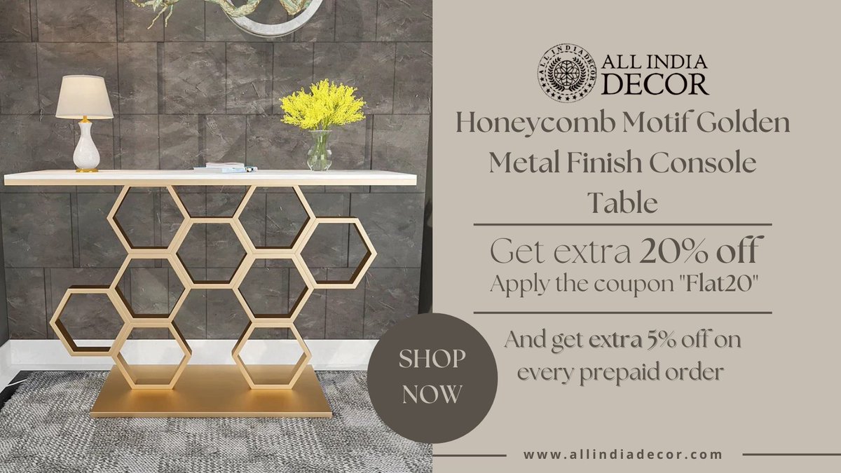 AllIndiaDecor's tweet photo. Bringing a touch of luxury into my space with this stunning Honeycomb Motif Golden Metal Finish Console Table ✨🏡 #Allindiadecor #HomeDecorGoals #InteriorInspo #LuxuryLiving #HoneycombDesign #MetallicMagic #ConsoleTable #HomeSweetHome #DecorativeDelight #GoldenAccents https://t.co/UTNhVP4TxU