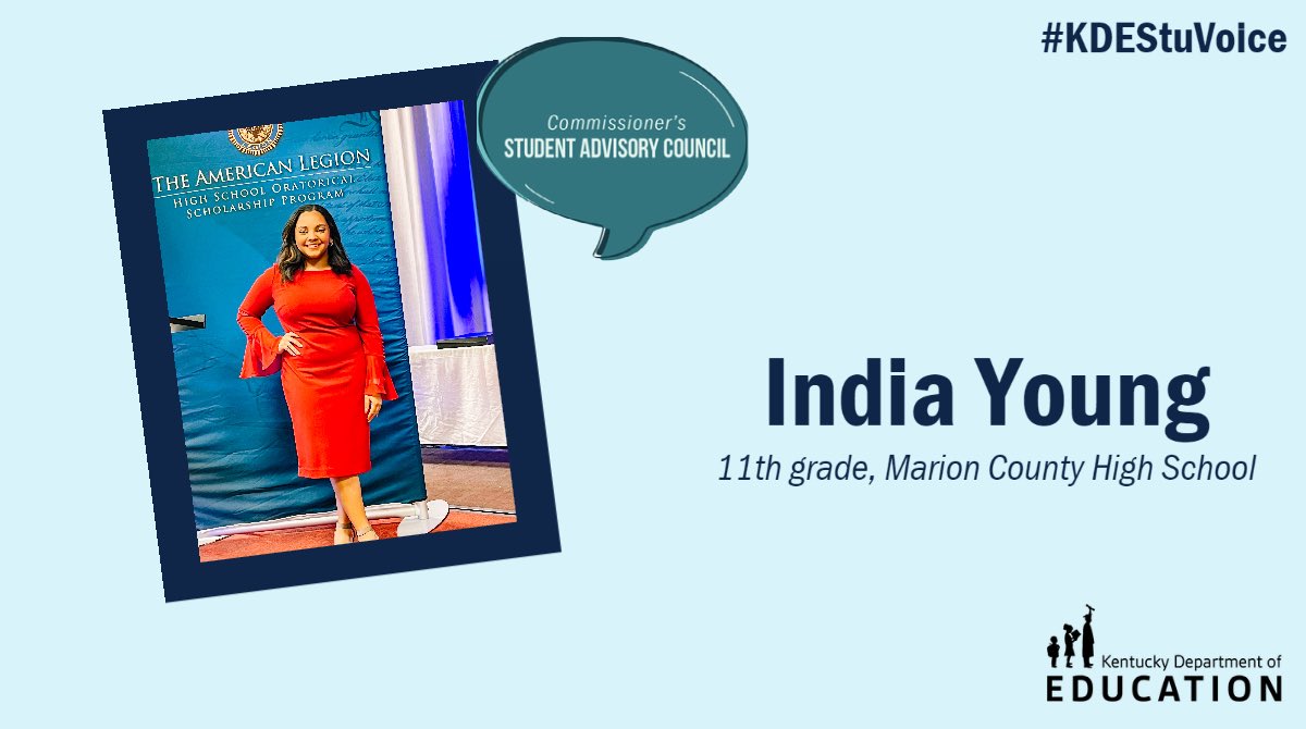 Please join us in welcoming India Young, a junior at Marion County High School! 

As a new member of the council, Young will be advocating for changes for newer generations of education. #StuVoiceKY