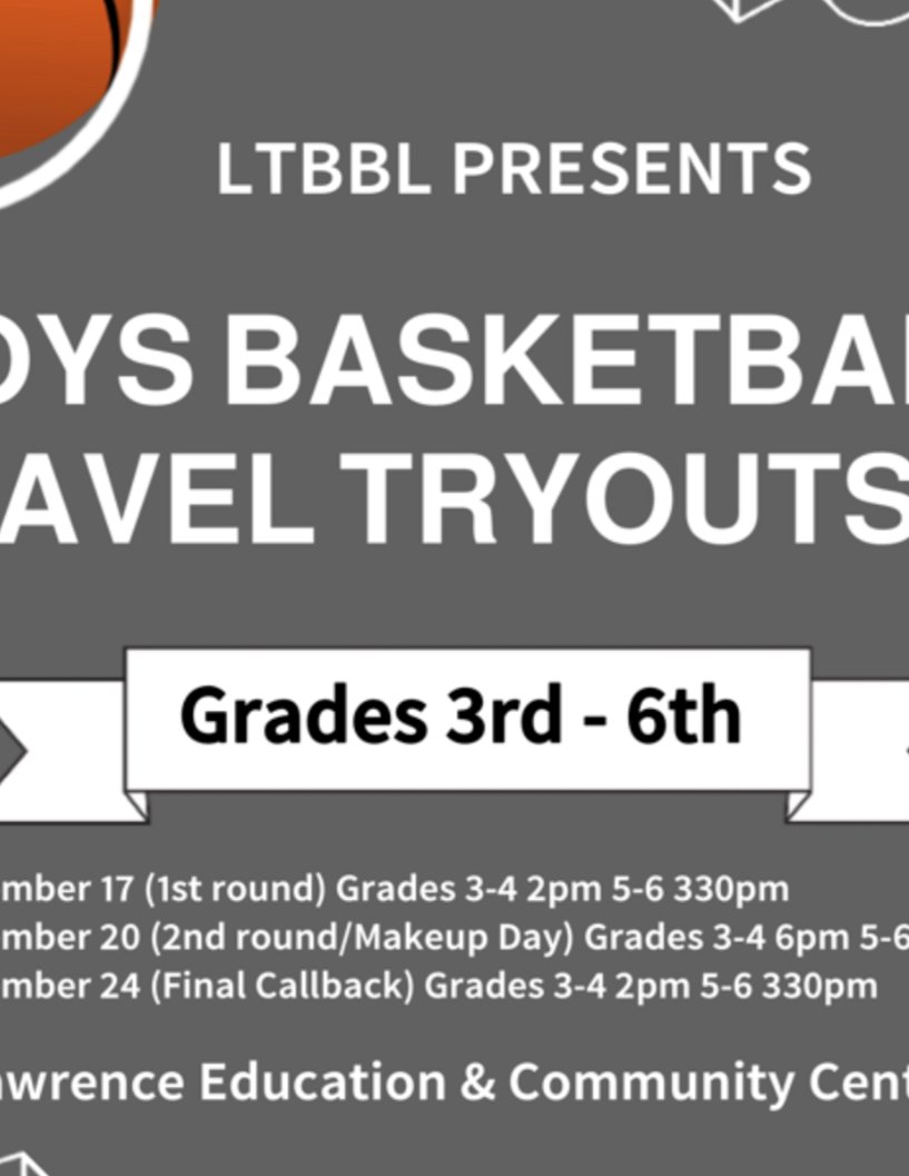 LTBBL travel basketball info for boys in grades 3-6; Tryout on Sept 17,20,24 at LECC. @ltgoodnews @MaryCastleElem @SunnysideSIS @FCVAthletics @LNBoysBball