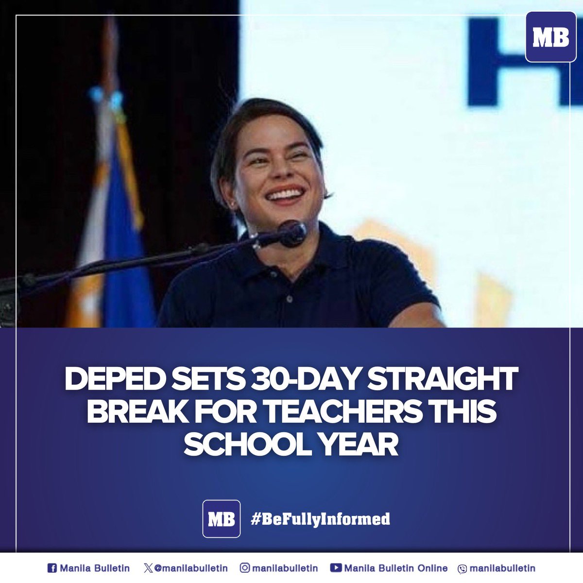 In time for the National Teacher’s Month, Vice President and Education Secretary Sara Duterte on Tuesday, Sept. 5, promised that teachers will have a 30-day straight break without volunteer work for the School Year 2023-2024.

READ: mb.com.ph/2023/9/5/dep-e…