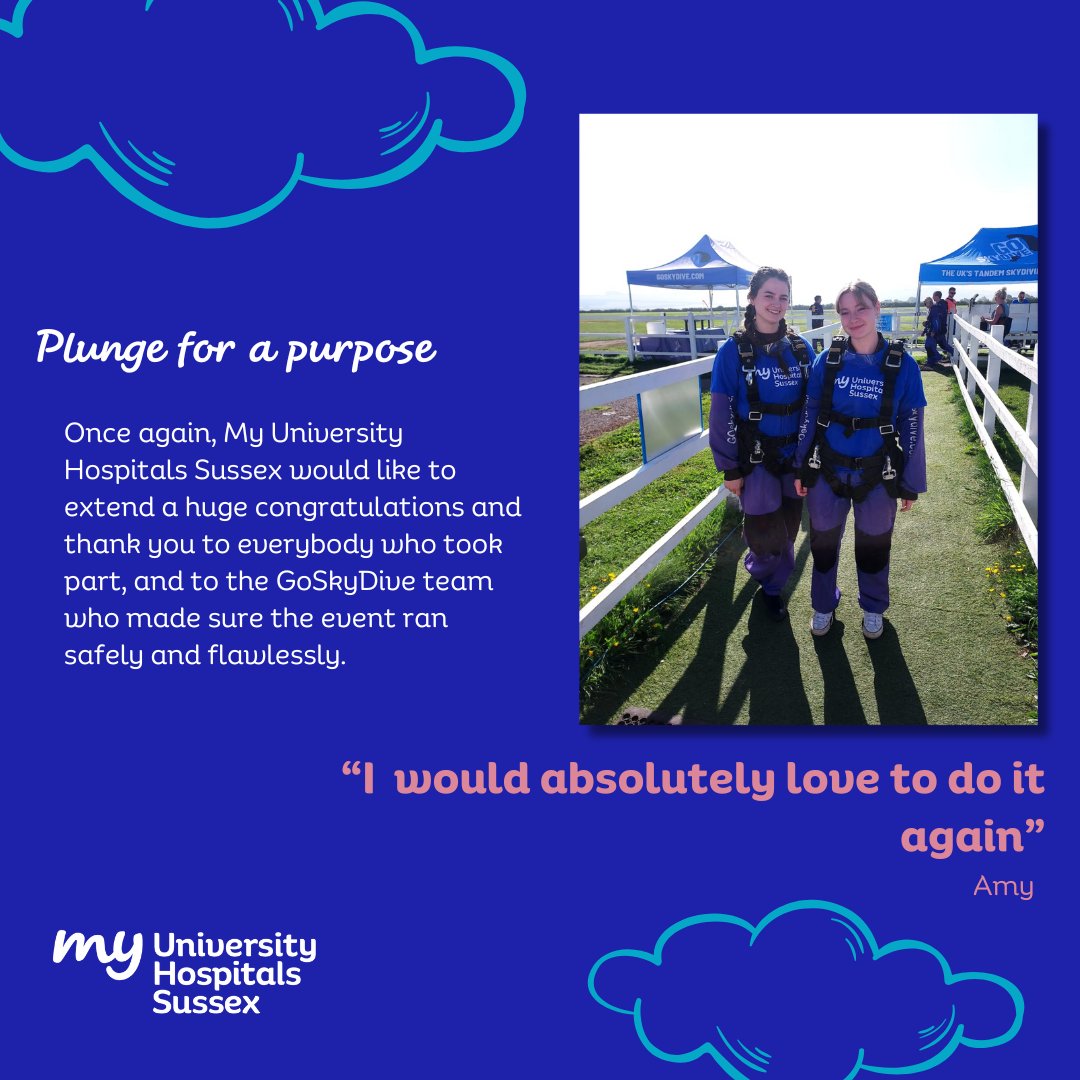 myuhsussex's tweet photo. Changing lives one dive (of 10,000ft, mind you!) at a time, big congratulations and thank you to those who took the plunge in support of My University Hospitals Sussex💙
#myuniversityhospitalssussex #myuhsussex #nhs #charity #goskydive https://t.co/nS0bfD08vK