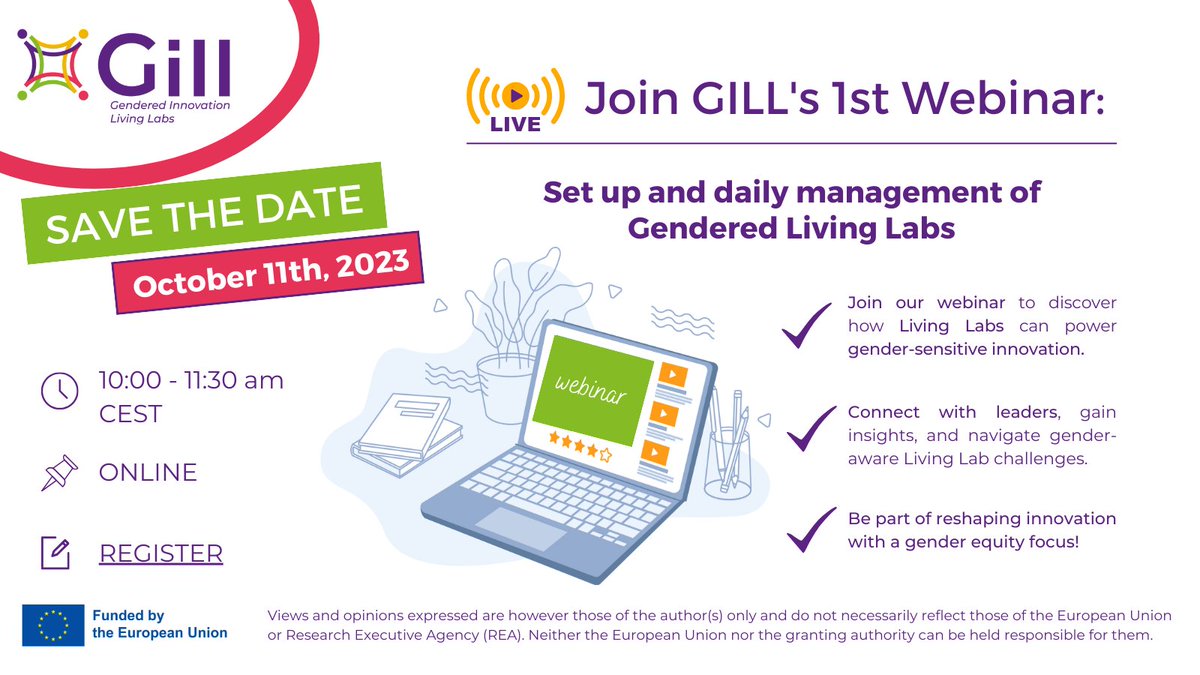 📣 Join us on October 11th for a special #webinar on #gendered #innovation through #LivingLabs. 
🚀Learn from experts, gain practical insights, and be part of reshaping innovation with a #genderequity focus. ℹ️ bit.ly/3LbSdwB
‼️ Register now! 🔗bit.ly/484OuLc