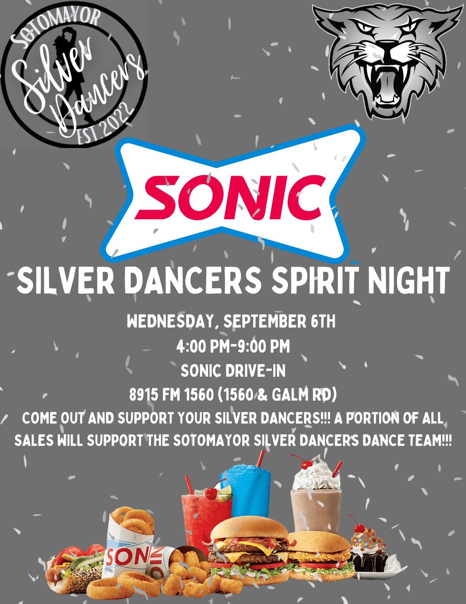 Come out and support your Silver Dancers tomorrow night at <a href="/sonicdrivein/">Sonic Drive-In</a>! A portion of all proceeds will support these amazing ladies! #spirit #community <a href="/NISDSotomayor/">Sotomayor High School</a> <a href="/SotomayorPTSA/">Sotomayor PTSA</a> <a href="/WildcatsDen_SA/">Sotomayor Wildcats Den</a> <a href="/SotocatMedia/">Sotocat Media</a> <a href="/NISD/">Northside ISD</a>