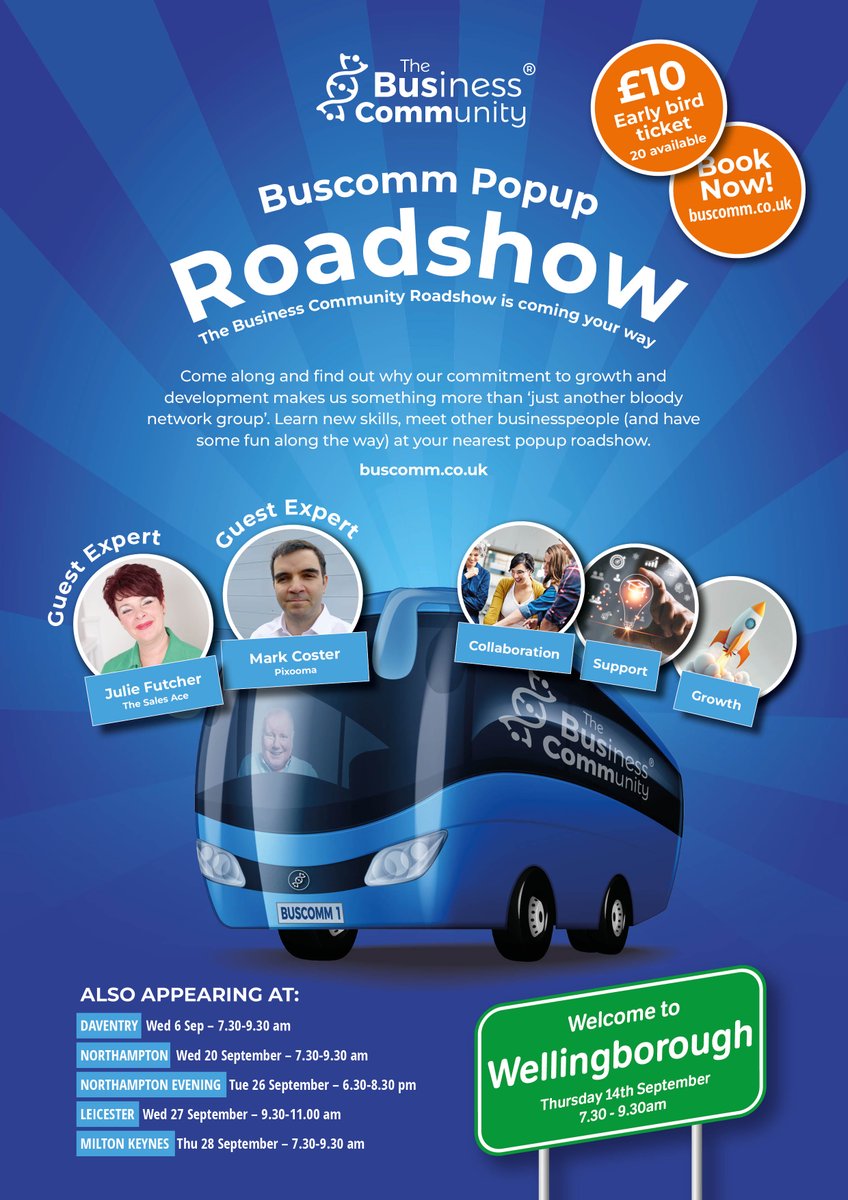 thebuscomm's tweet photo. 🚫 Don't miss out on the early bird 🐦 tickets for next Thursday's BusComm 🚌 Pop-up Roadshow in Wellingborough.

🎟 Book your place here: https://t.co/x5tmKyM8Gs

👋 See you there! https://t.co/9xhQlRwEsN