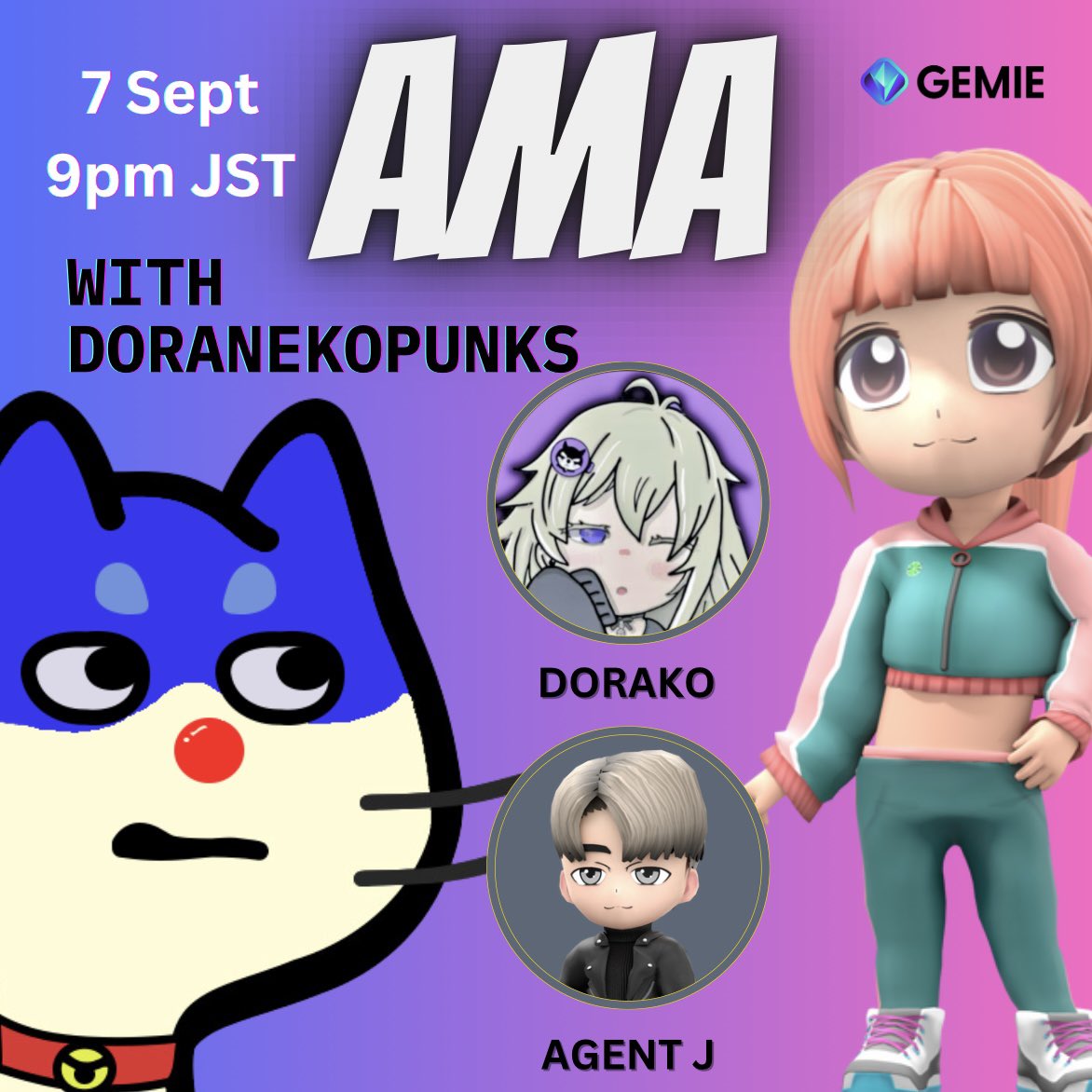 Gemie_Official's tweet photo. 🐈🐱Kinda looks like the combination of Doraemon and CryptoPunks😎What is the @DoraNekoPunks ?! 

While they have reserved 30 exclusive AL spots for our Fam and VIP PASS holders, lets pick the brains of their founder @DorakoPunks and learn more about this trending Japanese project🇯🇵!

Win $GEM by
➡️ leaving your questions in the comments
➡️ tag your frens❤️

https://t.co/0E1Dyh0bWp