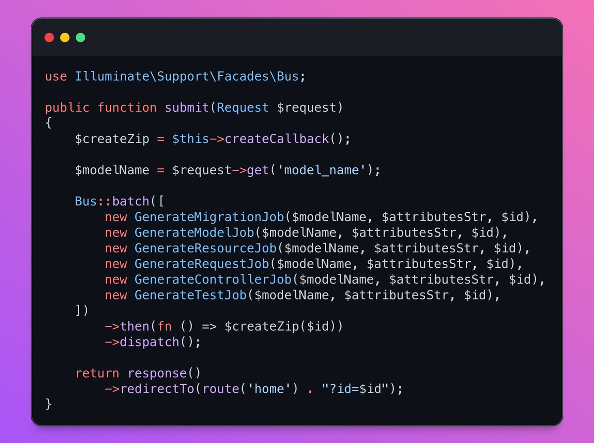 mmartin_joo's tweet photo. Laravel job batches are 🔥

It's pretty easy to parallelize long-running tasks and do something when every job succeeds.

This example generates a few classes and then creates a zip file after everything is finished: https://t.co/vIbRFmjVCX