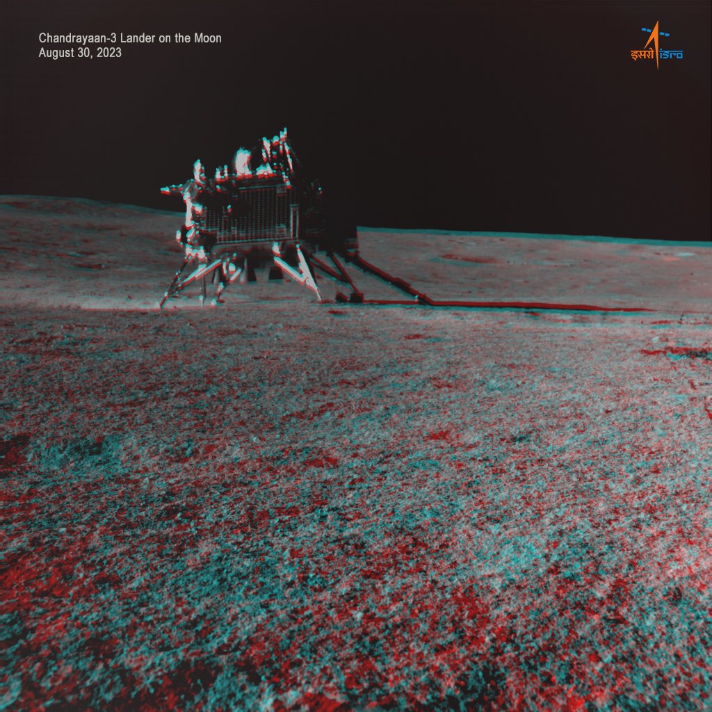 Chandrayaan-3 Mission:

Anaglyph is a simple visualization of the object or terrain in three dimensions from stereo or multi-view images. 

The Anaglyph presented here is created using NavCam Stereo Images, which consist of both a left and right image captured onboard the Pragyan