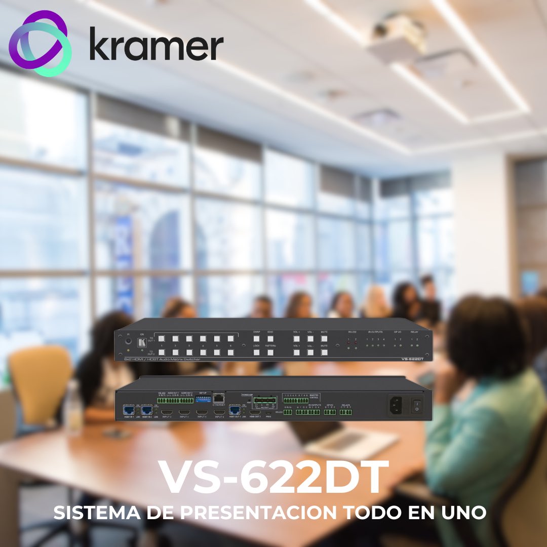 BmssTech's tweet photo. VS−622DT de @kramer_audiovisual es un sistema de presentación todo en uno 4K@60Hz (4:2:0) con conmutación matricial HDMI/HDBaseT 6x2, puerta de enlace de control, PoE, amplificador de potencia y automatización de sala Maestro. https://t.co/k7nnHWVpJq
