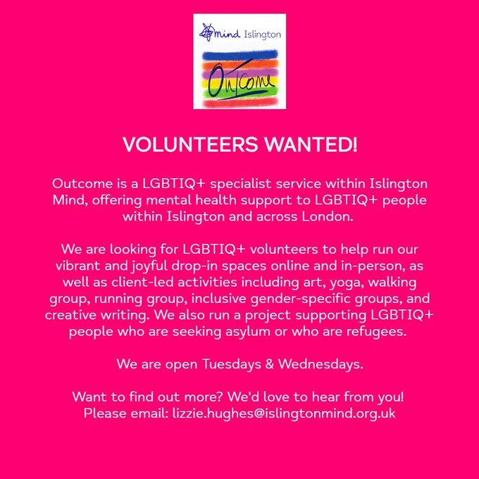 We're #recruiting! 
Our #volunteer roles are open to #LGBTIQ people interested in working in a community-led environment supporting #mentalhealth &amp; #asylumseekers 🏳️‍🌈🏳️‍⚧️✨
Email below⬇️or learn more here: islingtonmind.org.uk/get-involved-2…