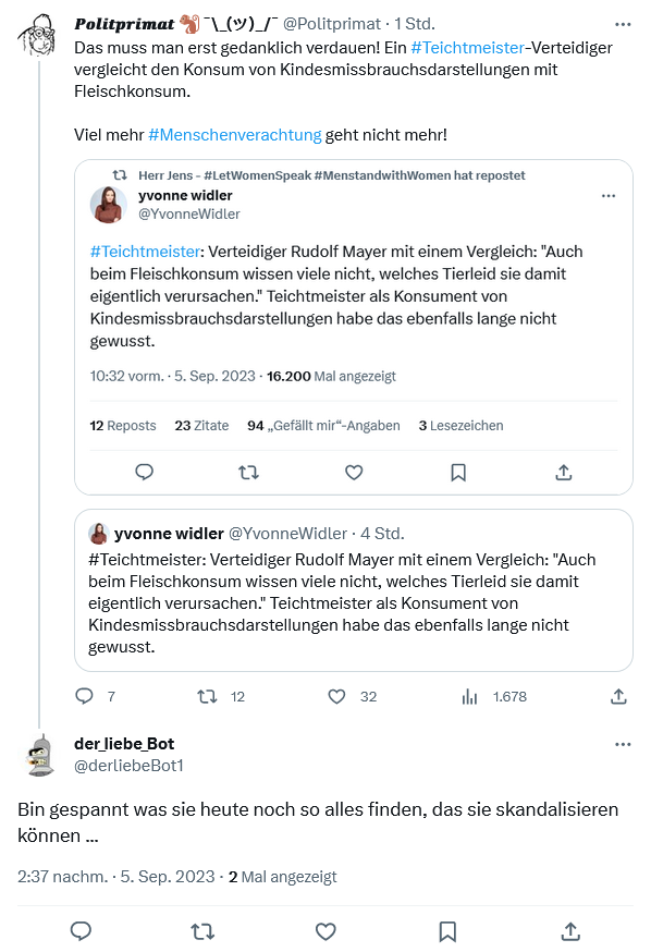 Politprimat's tweet photo. Da findet es wer offensichtlich legitim, den Konsum von Kinderpornografie mit dem Fleischkonsum gleichzusetzen. #nice2know #Teichtmeister https://t.co/vhjRDcNi6f
