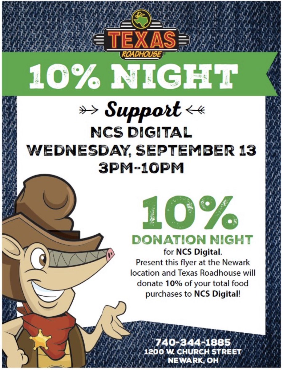 JOIN US FOR OUR FIRST FUNDRAISER OF THE YEAR! Present this flyer at Texas Roadhouse-Newark and NCS Digital will receive 10% of your total food purchase! We would love to see you there! Please share this post with your family and friends😊 <a href="/Newark_Schools/">Newark City Schools</a>