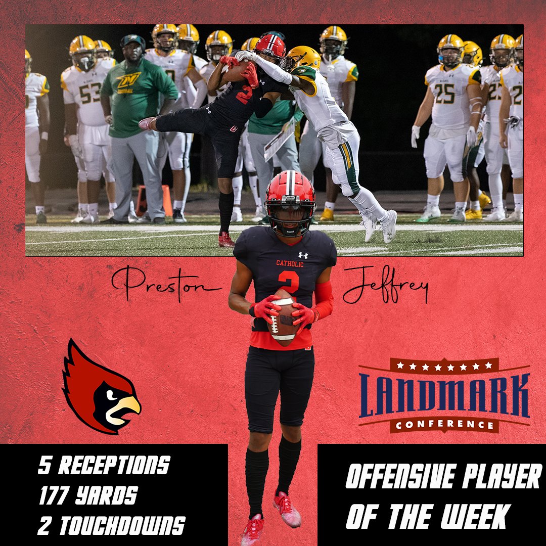 CatholicU_Cards's tweet photo. 🏈Offensive Player of the Week🏈

Preston Jeffrey earned honors from the @LandmarkConf &amp; @DCTouchdownClub after a 5-catch, 177-yard, 2 TD performance against McDaniel on Friday night!

#ThisIsCatholicU #d3fb https://t.co/1WWqo4s0mO