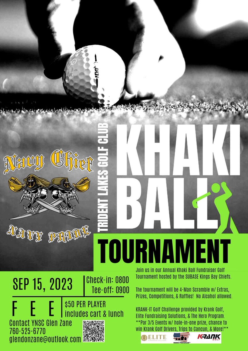 SUBASE Kings Bay Chiefs will be hosting a Khaki Ball Fundraiser Golf Tournament at Trident Lakes Golf Course on September 15th, 2023. No team, no problem! Sign up as an individual and you can be added to a team! Open to the public and there are still teams available!