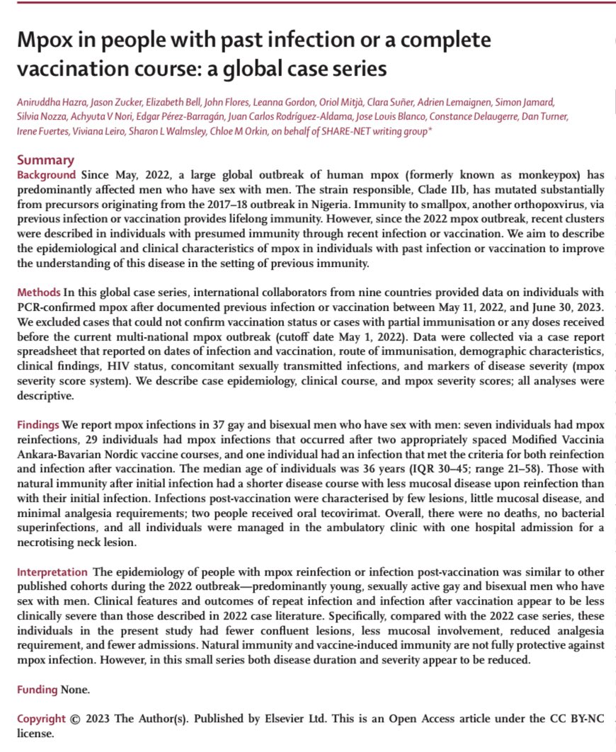 📣@TheLancetInfDis: Largest global cohort of #mpox repeat infections & infections after vaccination. While epi similar, infections appear to be less severe with fewer complications. Amazing collab w/ @profchloeorkin @Jason10033 & @ShareEastLondon team! thelancet.com/journals/lanin…