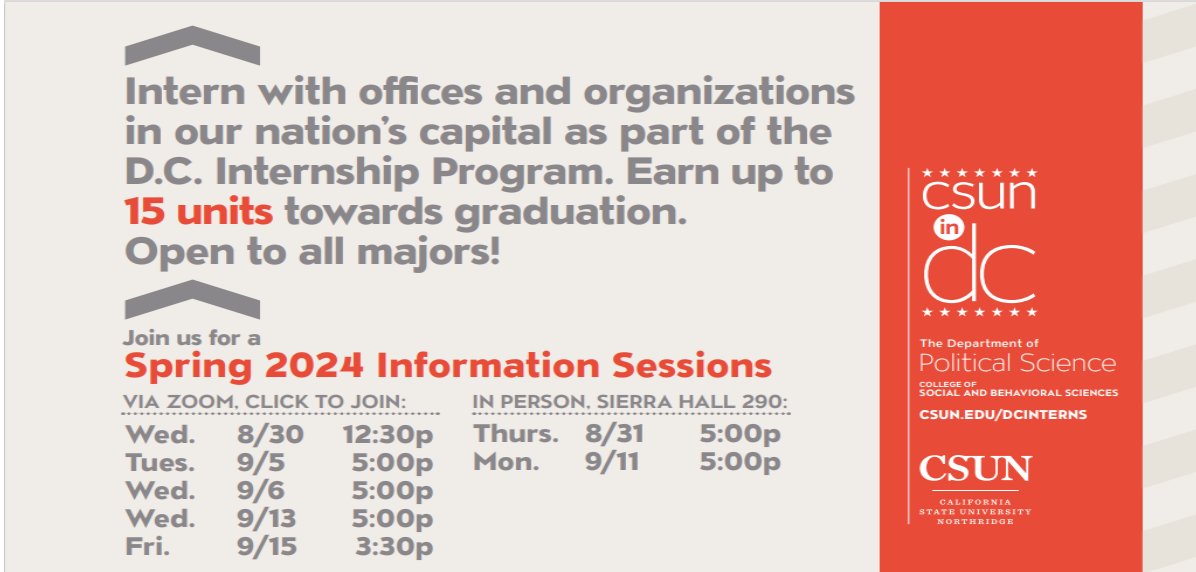CSUNPoliSci's tweet image. Interested in the DC Internship program?? Zoom meeting Tuesday, September 5 – 5:00pm csun.zoom.us/j/94262842942?…