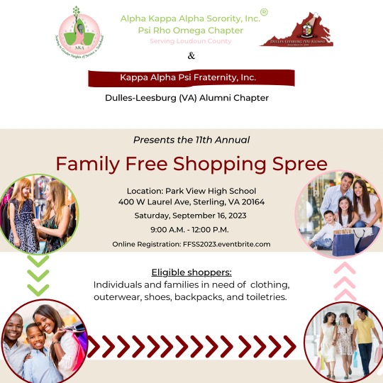PsiRhoOmega's tweet photo. Join Psi Rho Omega for the "Family Free Shopping Spree" on Sept 16, 9 AM - 12 PM at Park View HS, Sterling, VA. Share with those in need: free clothing, health services, and more. 

Register: FFSS2023@eventbrite.com https://t.co/zGD3XHPCN8