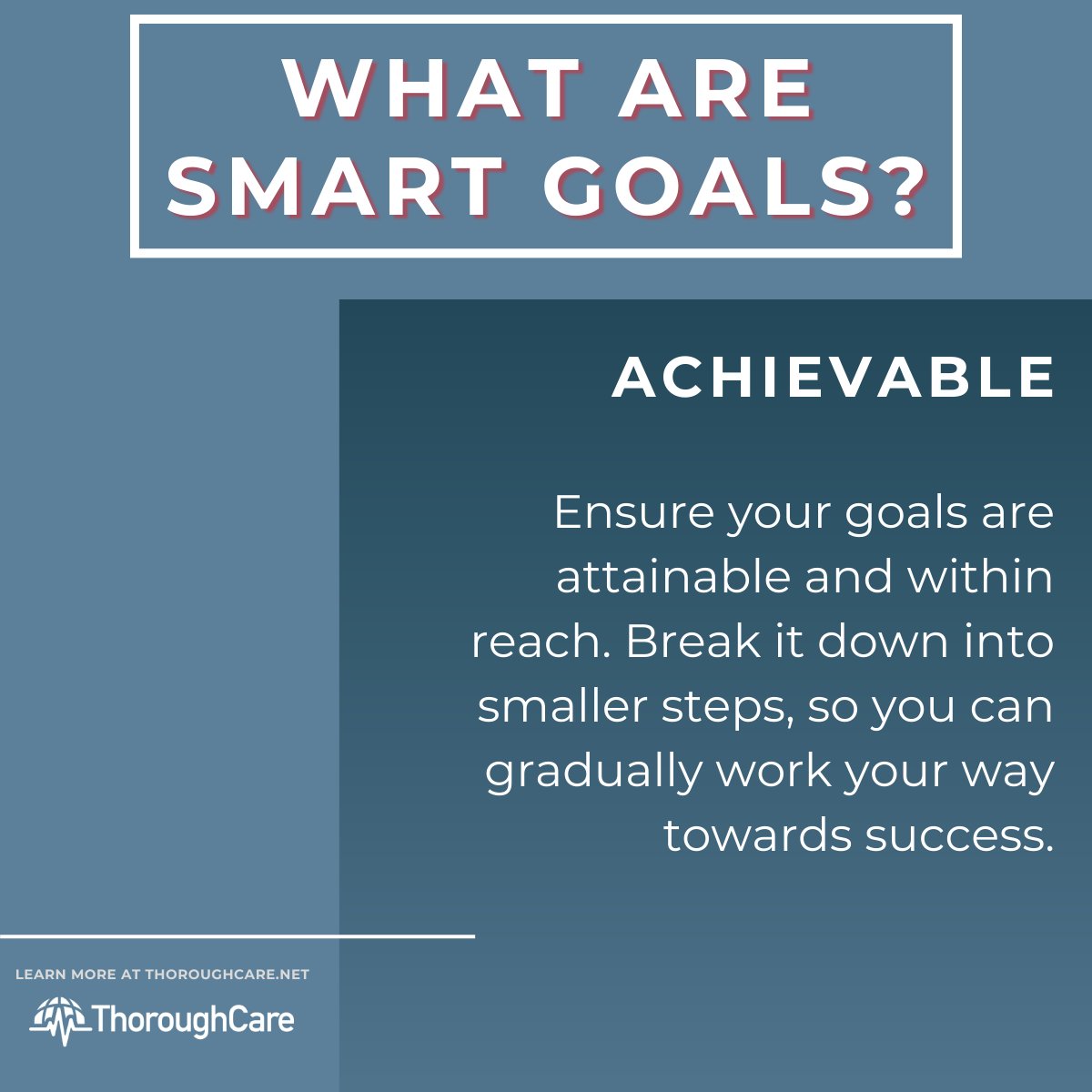 #SMARTGoals #3- Achievable
Setting achievable goals can help motivate patients to take action, boost their confidence, and see tangible progress. Watch out for goal #4! hubs.li/Q02199xR0 #CareManager #CareCoordination #HealthTech #ValueBasedCare