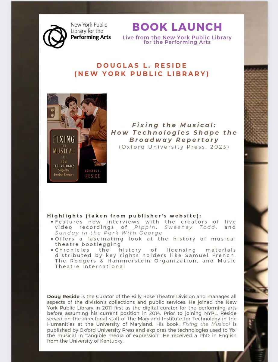 Delighted to hear from <a href="/dougreside/">Doug Reside</a> at the <a href="/nypl_lpa/">The Library for Performing Arts</a> with a presentation about his new book Fixing the Musical: How Technologies Shape the Broadway Repertory.