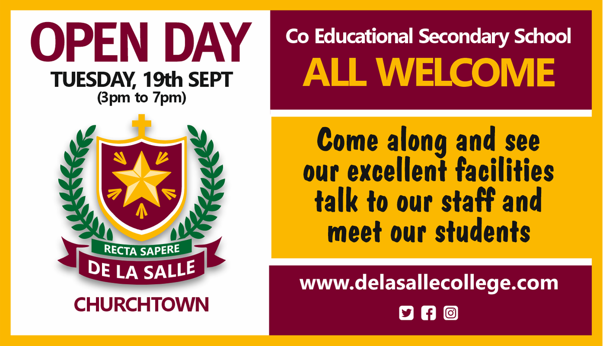 DeLaSalleCtown's tweet photo. Our Annual Open Day is fast approaching. On Tuesday, September 19th we look forward to welcoming primary school boys and girls to our school to view our facilities and meet with our staff and students #WeAreSalle #Coedschool #savethedate https://t.co/R0aLTkFumX