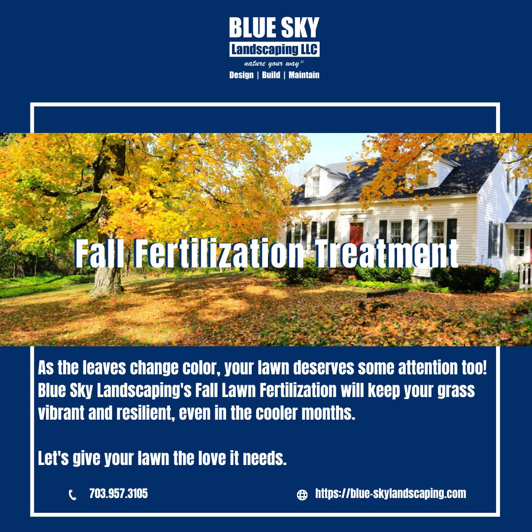 BlueSkyLScaping's tweet photo. 🍂🌱 Fall is here, and it's the perfect time to prepare your lawn for a healthy spring comeback! Introducing our Fall Fertilization Service – the key to a greener, stronger lawn next year.

#FallFertilization #LawnCare #HealthyLawn #FallLawnCare https://t.co/XrQPOvHZir