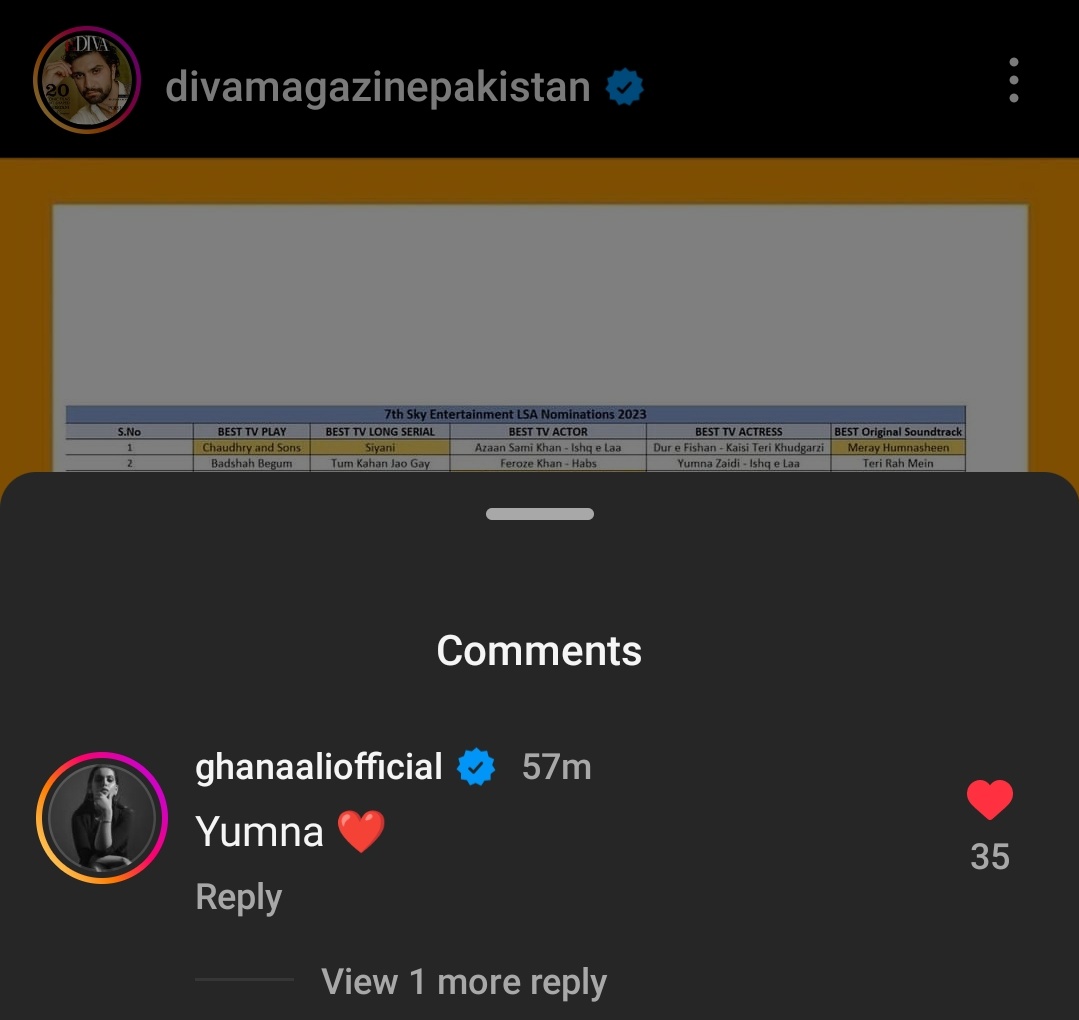 YumnaZaidiFD's tweet photo. Diva posted this just now and whole comment section screaming Yumna for #Bakhtawar...Ghanaa also commented Yumna....We can only hope LUX don't rob our girl and give the award she deserves for her extraordinary performance in #Bakhtawar..

Go Vote now
https://t.co/NjbXgT2h2c…

Use your all numbers and emails and vote for her 6 days is left

#YumnaForLSA2023 #LSA2023 #YumnaZaidi #TereBin #Nayab #Gentleman
