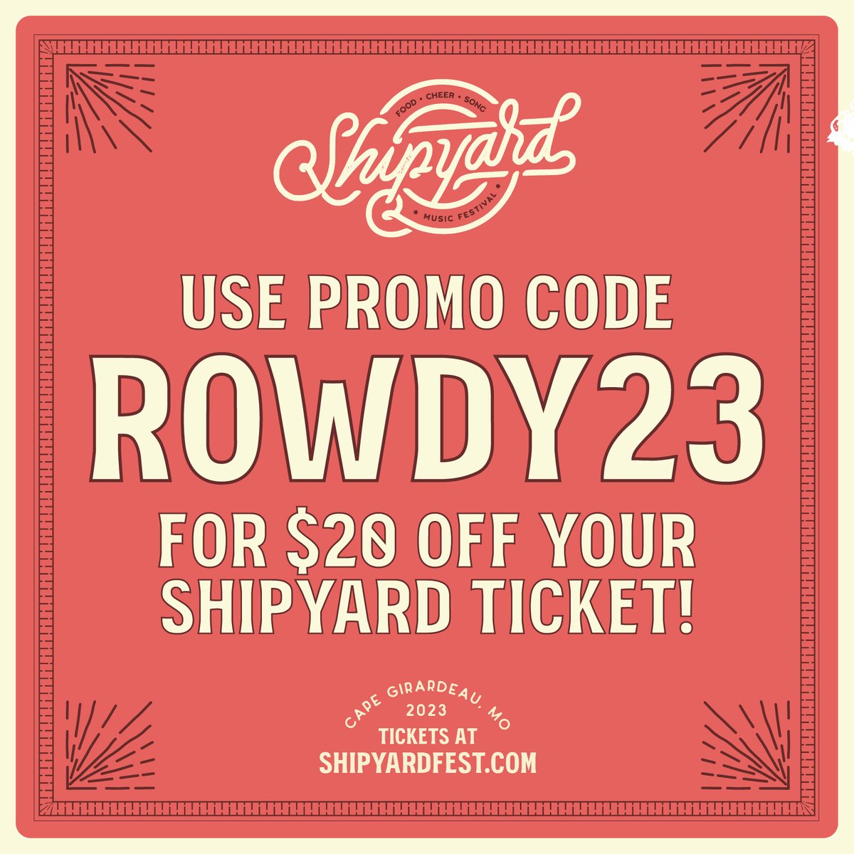 SEMissouriState's tweet photo. The 5th annual Shipyard Music Festival launches in downtown Cape on September 22-23. Southeast students get $20 off ticket purchases by using the code "ROWDY23" at checkout. See you at the yard, Redhawks! 🎤🎵 https://t.co/uySjTZIZw8
