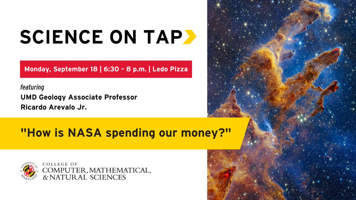 UMDscience's tweet photo. Join us for our first Science on Tap of the semester (9/18) to learn about the inner workings of @NASA from former @NASAGoddard civil servant and current @umdgeology Associate Professor Ricardo Arevalo Jr. (Ph.D. '10, @umdgeology).

RSVP: https://t.co/t1BhhhSlkM https://t.co/VmrK3vS4b8
