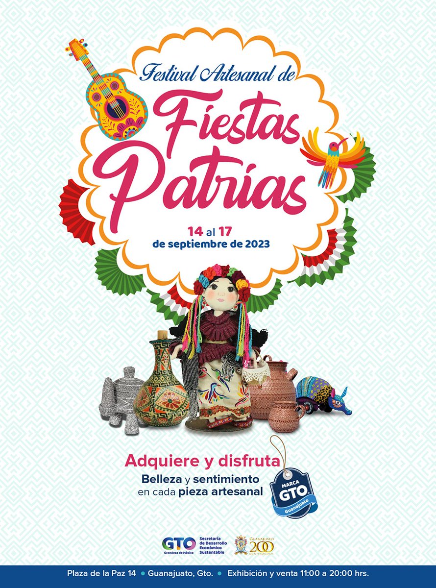 economiagente's tweet photo. 🪅 Festeja las Fiestas Patrias con el Festival Artesanal...
Porque aquí en #Guanajuato nació México. 🇲🇽
👉🏽 Te esperamos en la Casa de las Artesanías del 14 al 17 de septiembre.
#ConsumeLocalGto https://t.co/2lrLV4uacE
