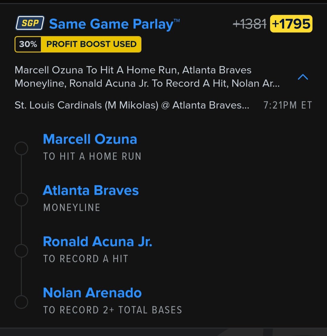 hdbailey16's tweet photo. So my bet for today is a same game parlay of the Atlanta/St Louis game. Feeling decently confident with the weather and matchup. 
#gamblingtwitter #sgp #braves #Cardinals #gamblingx https://t.co/6HnB0wPizK