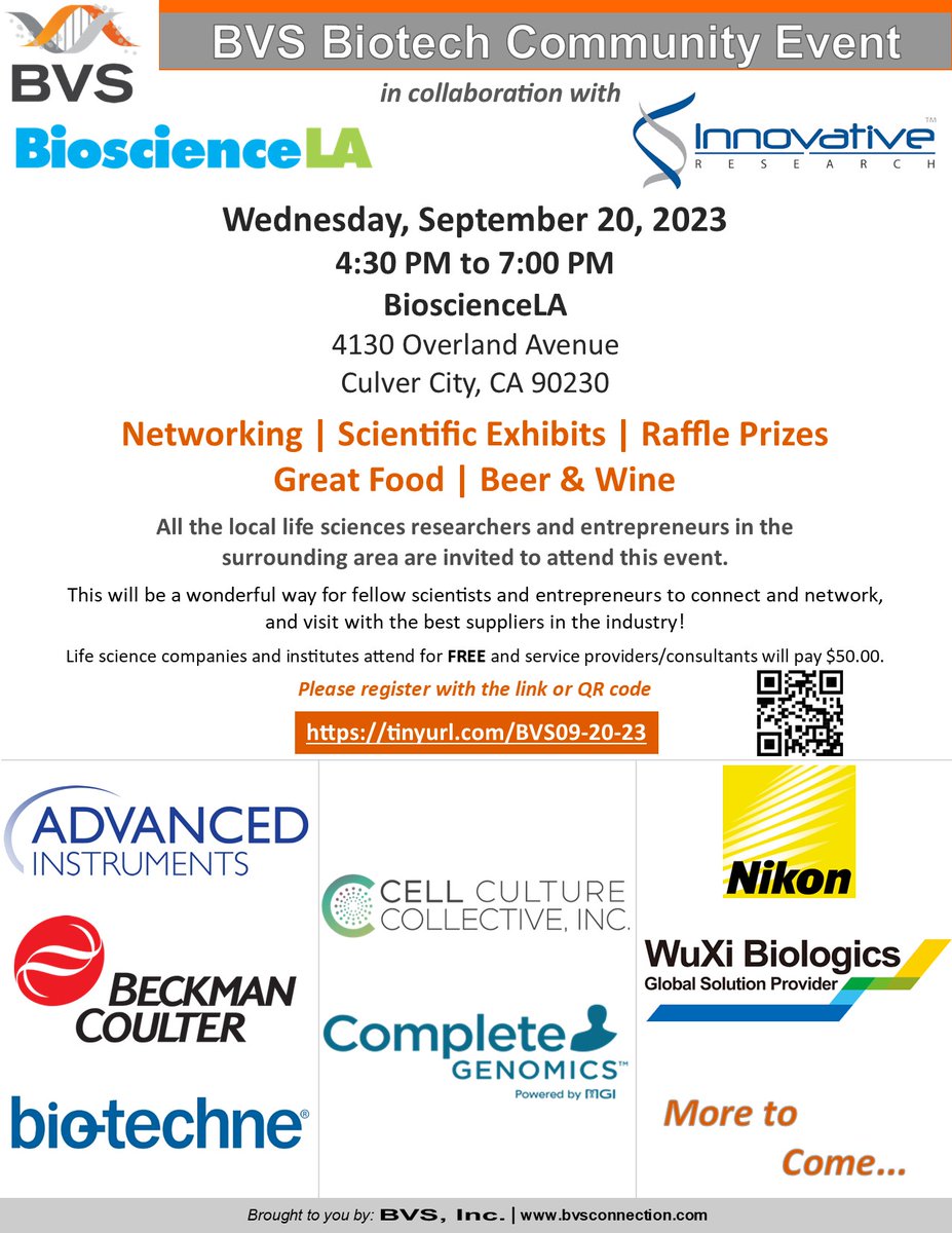 If you're in the LA area, we'd love to see you on September 20th for a free networking event we're co-hosting with Bioscience LA and BVS. Register at the link: tinyurl.com/BVS09-20-23