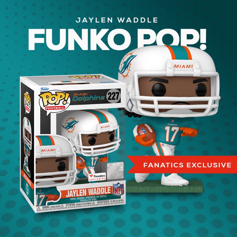 Fanatics's tweet photo. The Jaylen Waddle Dolphins Funko Pop! just dropped.🔥 Shop the Fanatics Exclusive Vinyl Figure before they're gone!