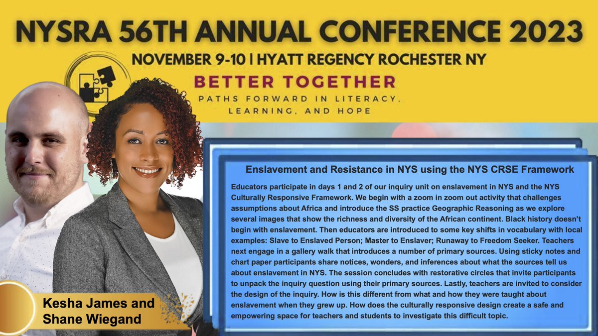 We're excited to have Kesha James &amp; Shane Wiegand from the Antiracist Curriculum Project in Rochester, NY! Read more here: resistancemapping.org/s/m/page/welco… 
Also, make sure you register by September 15th for our early bird rate: nysreading.org/event-5297315